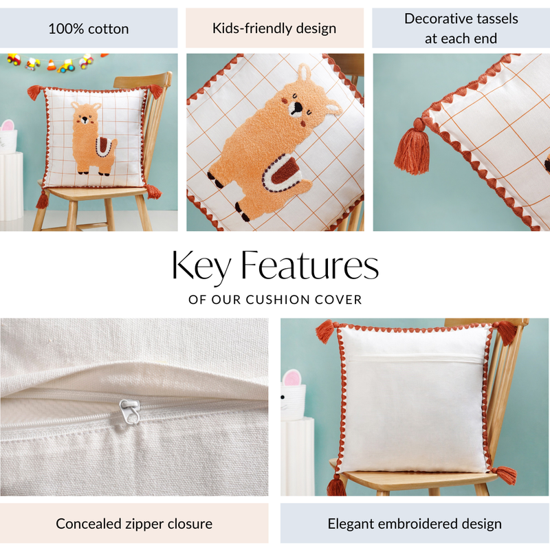 Llama Embroidered Cotton Cushion Cover With Tassels 42x42cm