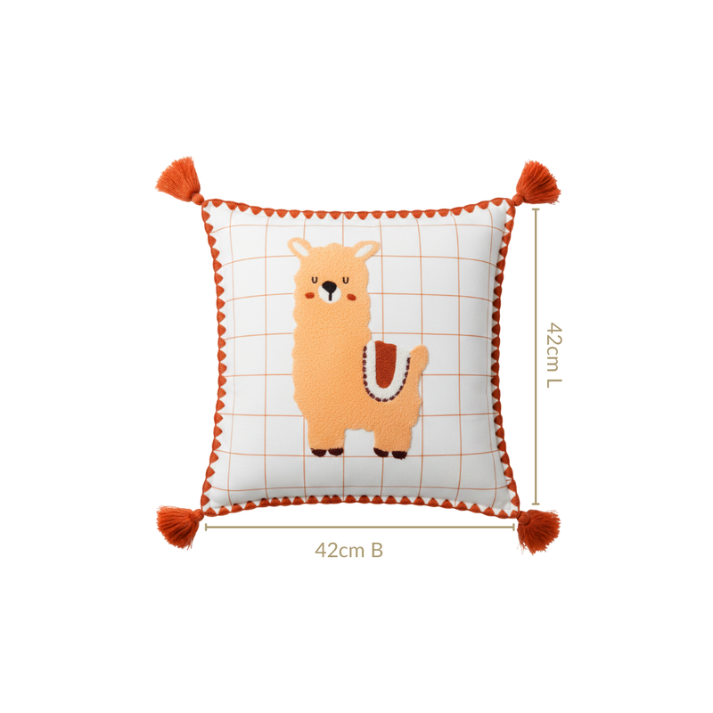 Llama Embroidered Cotton Cushion Cover With Tassels 42x42cm