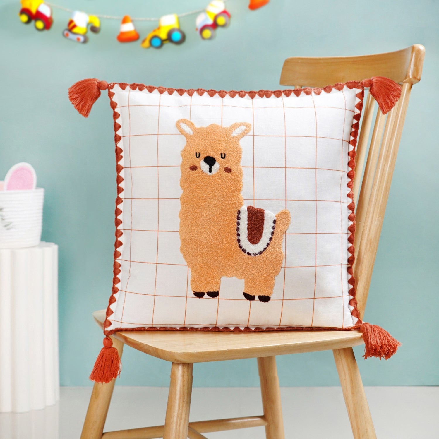 Llama Embroidered Cotton Cushion Cover With Tassels 42x42cm