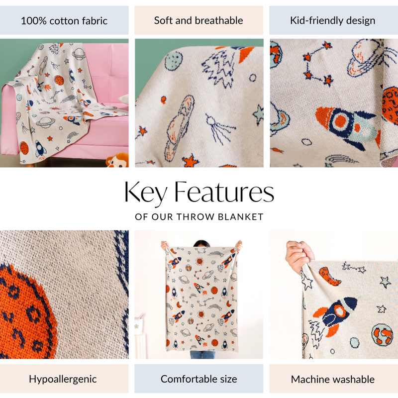 Lost In Space Nursery Knitted Cotton Throw For Toddlers 99x73cm