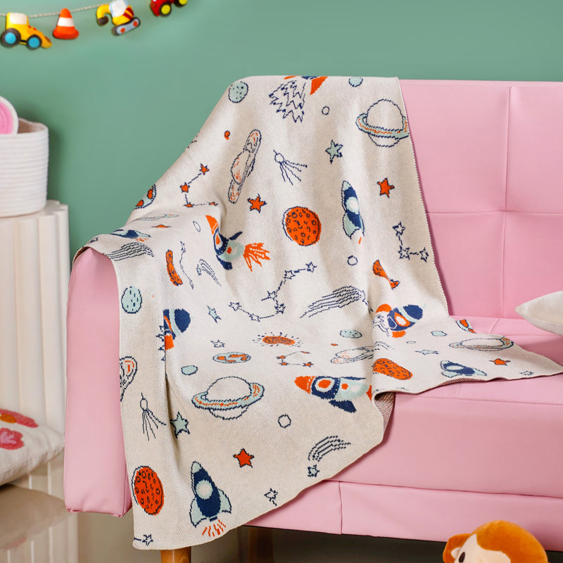Lost In Space Nursery Knitted Cotton Throw For Toddlers 99x73cm