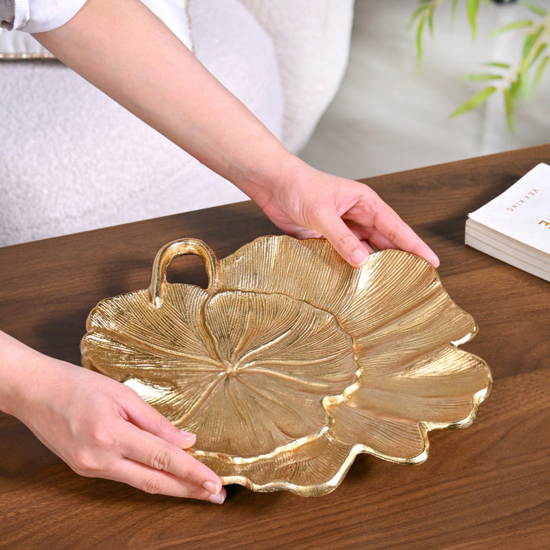 Lotus Leaf Metal Tray In Gold