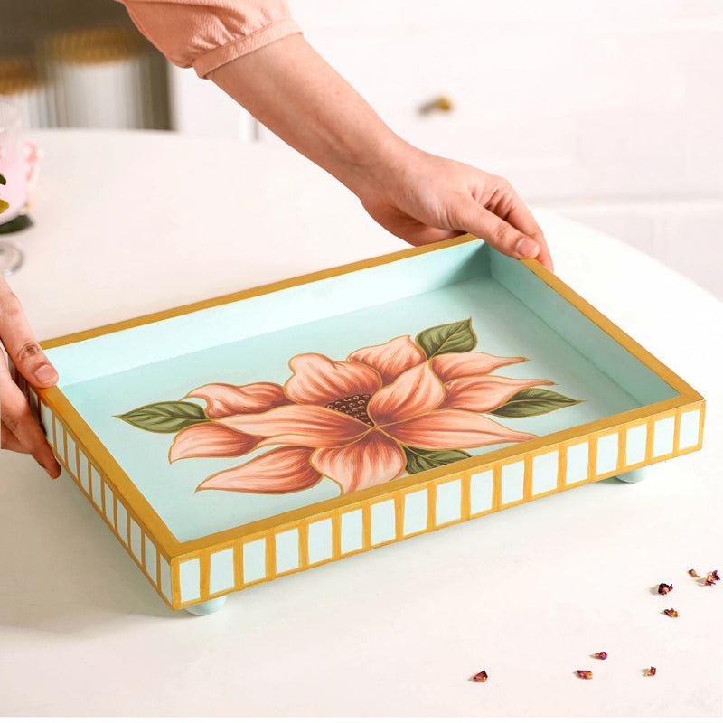 Lotus Royale Hand Painted Rectangular Mango Wood Tray