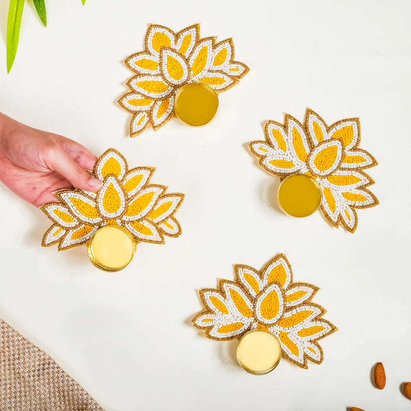 Lotus Tealight Candle Holder Set of 4 White And Yellow