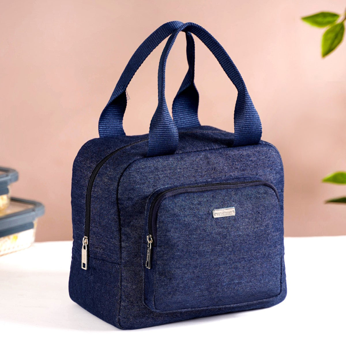 SMALL CABAS THAIS IN DENIM WITH TRIOMPHE ALL-OVER EMBROIDERY AND CALFSKIN -  NAVY / TAN | CELINE