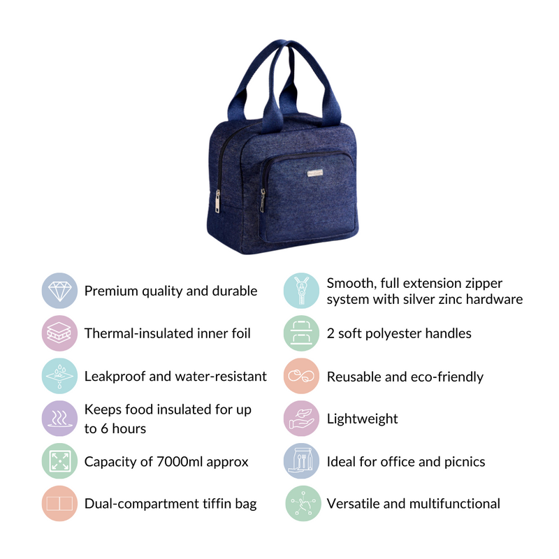 Thermal Insulated Denim Lunch Bag Dark Blue