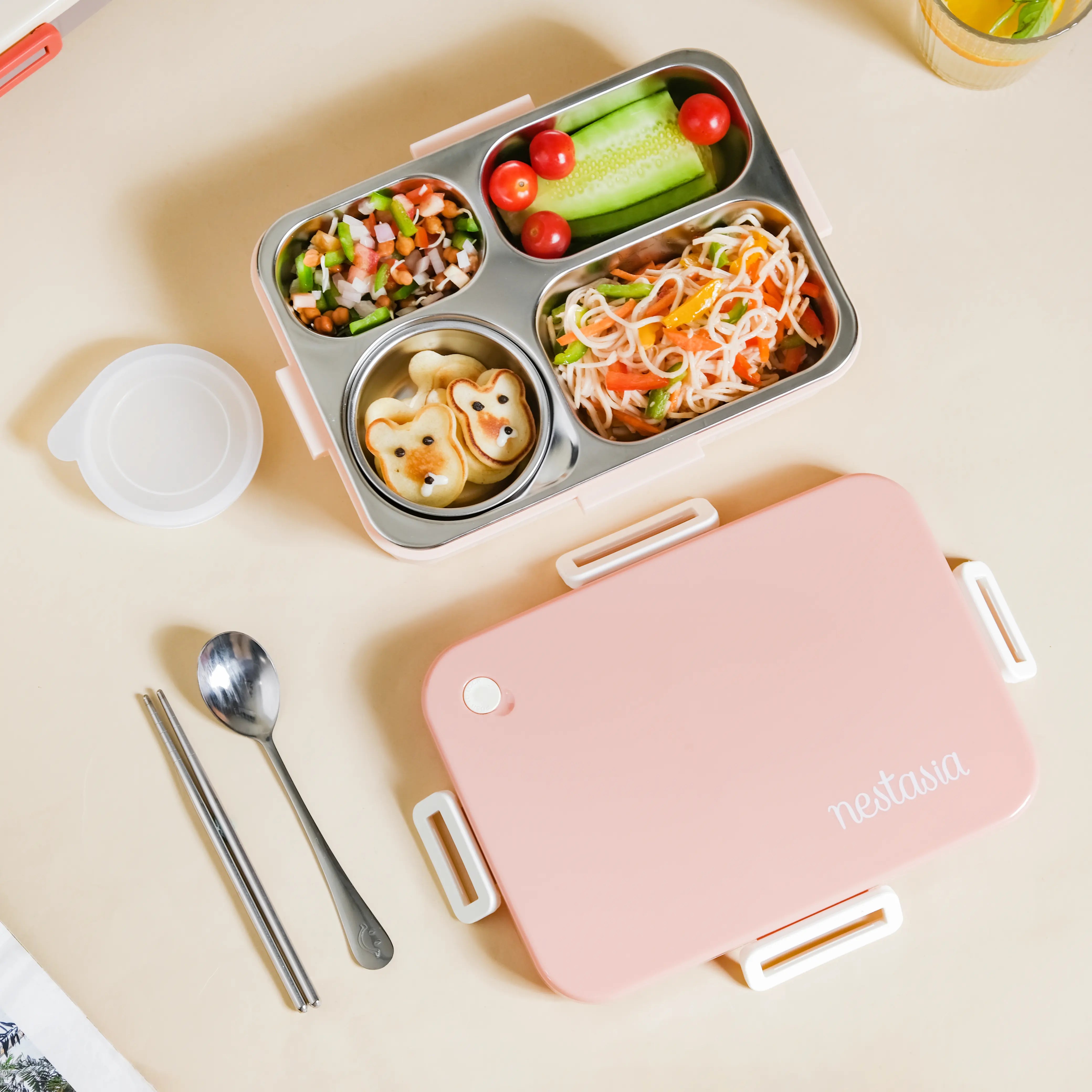 4-Grid Anti-Odor Pink Bento Box,Pink Large capacity square