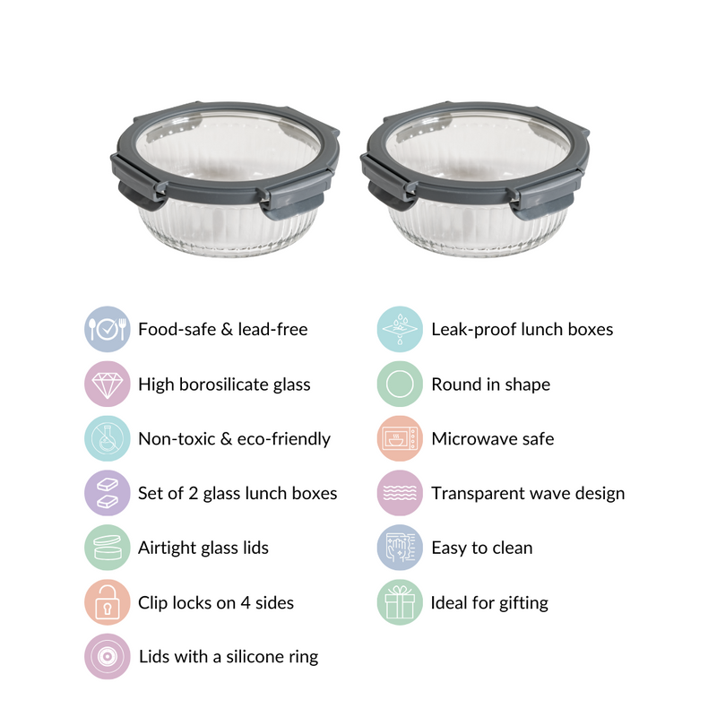 Leakproof Fluted Glass Microwave Safe Container Set Of 2 950ml