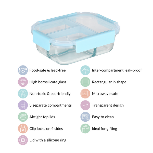 Sealed Three Compartment Glass Container Lunchbox 1000ml