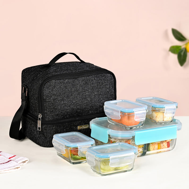 Lunchmate Dual Compartment Insulated Jute Lunch Bag Black