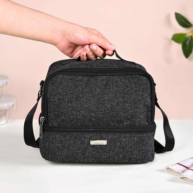 Lunchmate Dual Compartment Insulated Jute Lunch Bag Black