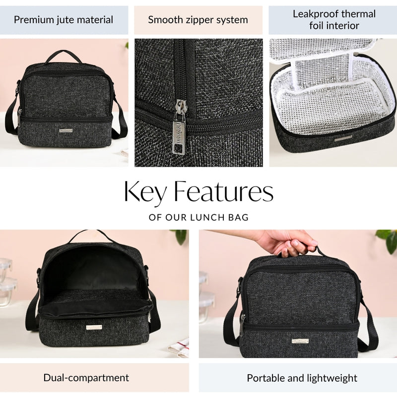 Lunchmate Dual Compartment Insulated Jute Lunch Bag Black
