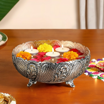 Lustre Brass Urli With Pure Silver Coating 18cm