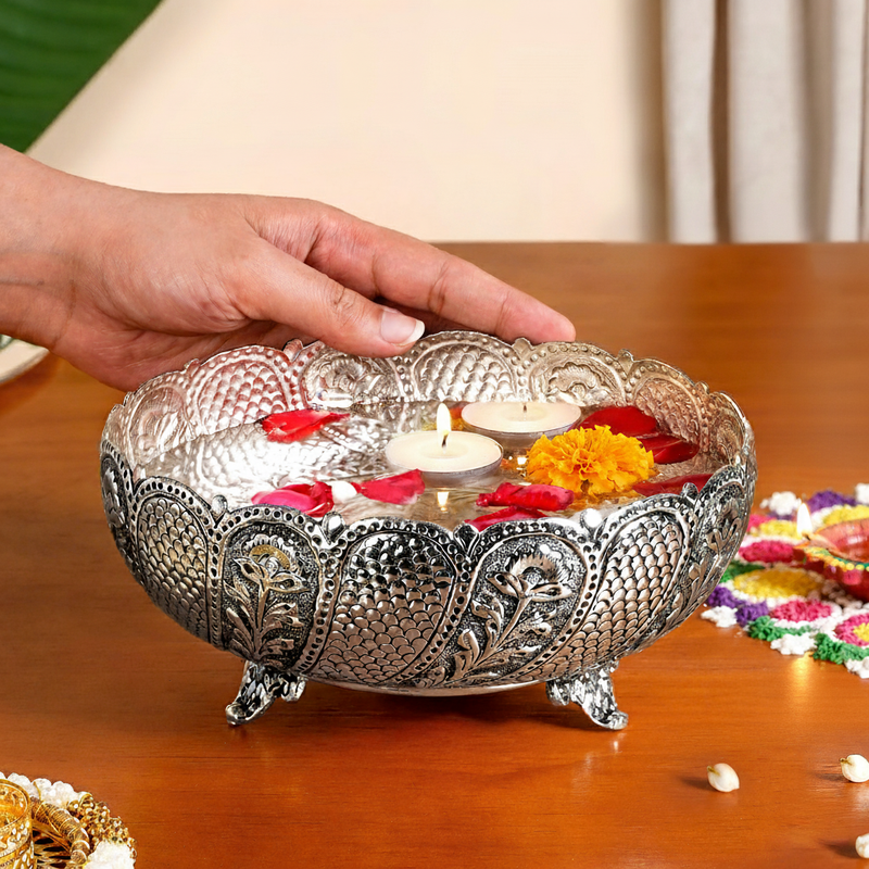 Lustre Brass Urli With Pure Silver Coating 18cm