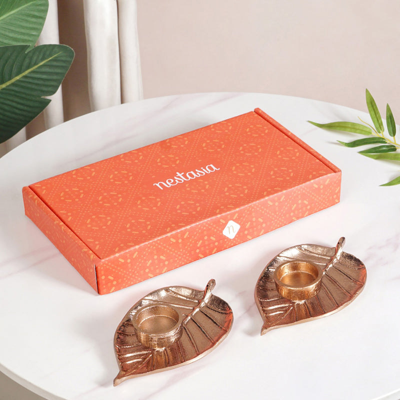 Luxe Aluminium Leaf Tealight And Incense Holder Set Of 2