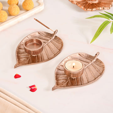 Luxe Aluminium Leaf Tealight And Incense Holder Set Of 2