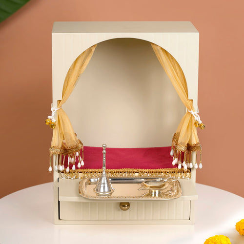 Mahima Pooja Mandir Small With Aasan Puja Thali And Curtain Set