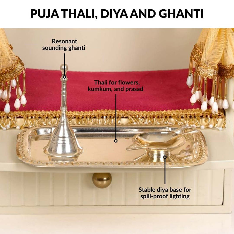 Mahima Pooja Mandir Small With Aasan Puja Thali And Curtain Set