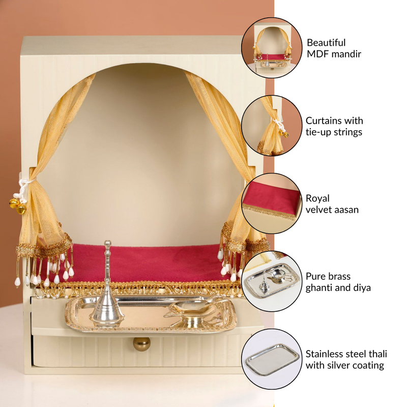 Mahima Pooja Mandir Small With Aasan Puja Thali And Curtain Set