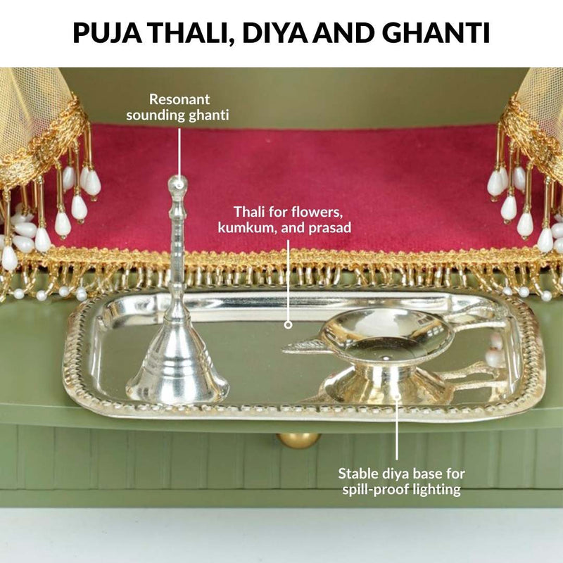 Mahima Wall Mountable Pooja Mandir Small With Aasan Thali And Curtain Set