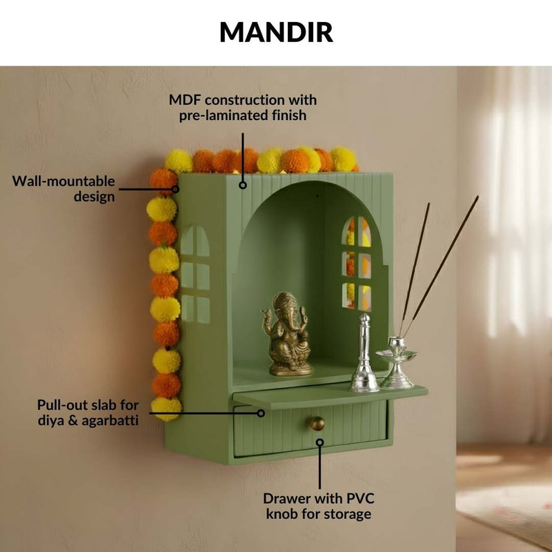 Mahima Wall Mountable Pooja Mandir Small With Aasan Thali And Curtain Set