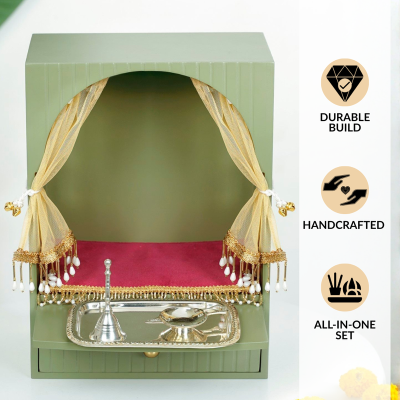 Mahima Wall Mountable Pooja Mandir Small With Aasan Thali And Curtain Set