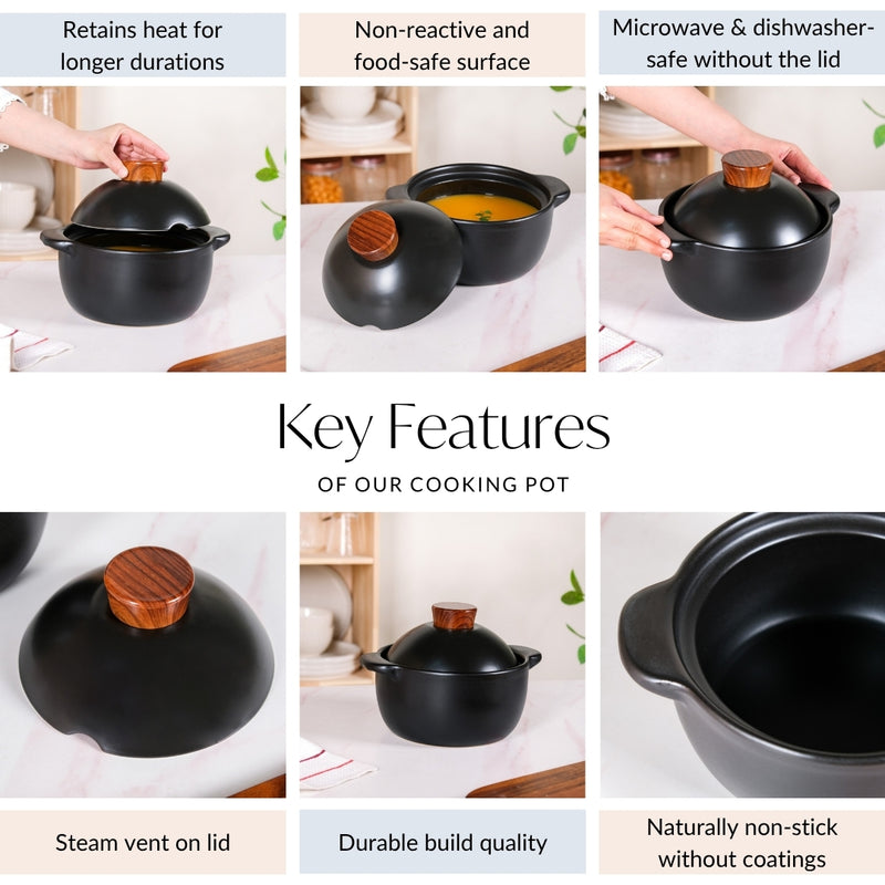 Maison Black Ceramic Clay Pot For Cooking 2200ml