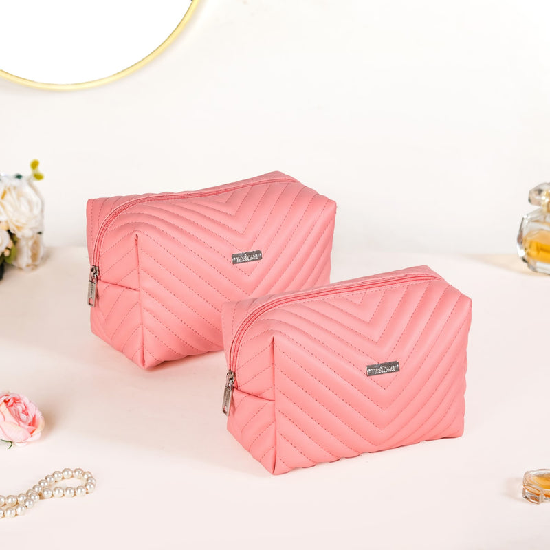 Peach Pink Vegan Leather Makeup Pouch Set Of 2