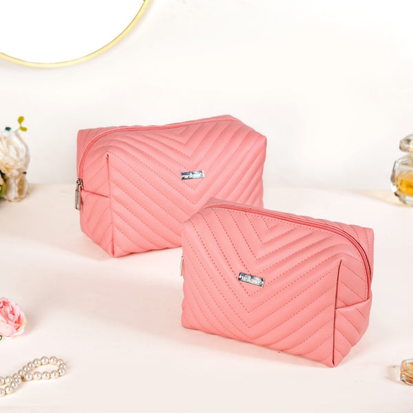 Peach Pink Vegan Leather Makeup Pouch Set Of 2