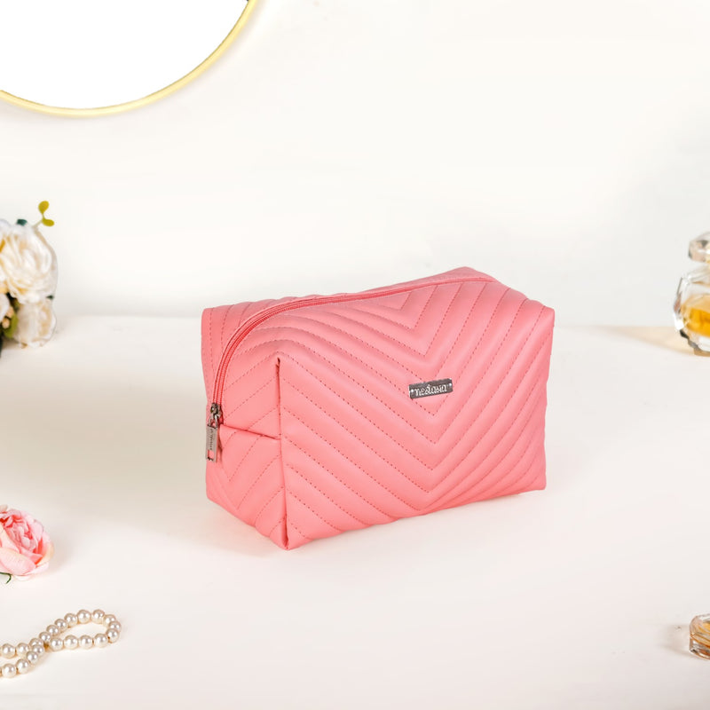 Peach Pink Vegan Leather Makeup Pouch Set Of 2