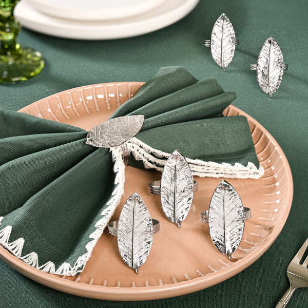 Mango Leaf Pure Brass Napkin Ring With Silver Polish Set Of 6