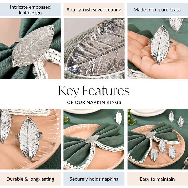 Mango Leaf Pure Brass Napkin Ring With Silver Polish Set Of 6