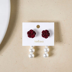 Maroon Rose And Pearl Danglers