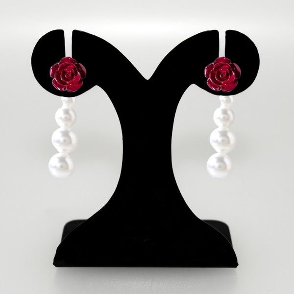 Maroon Rose And Pearl Danglers