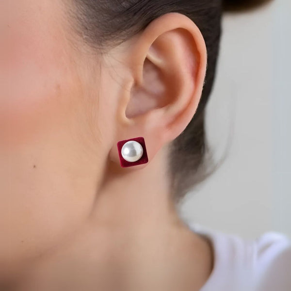 Maroon Velvet Pearl Square Studs