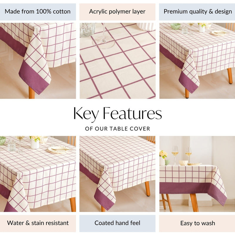 Mauve Grid Cotton 8 Seater Water Resistant Tablecloth 274x152cm