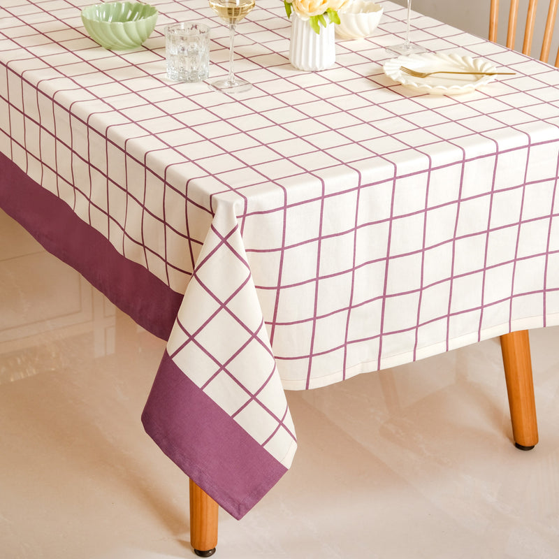 Mauve Grid Cotton 8 Seater Water Resistant Tablecloth 274x152cm