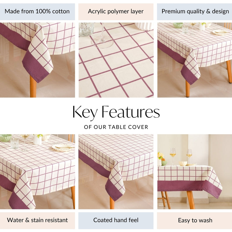 Mauve Grid 6 Seater Pure Cotton Tablecloth 203x152cm