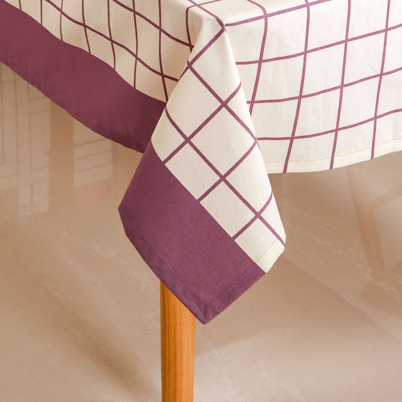 Mauve Grid 6 Seater Pure Cotton Tablecloth 203x152cm