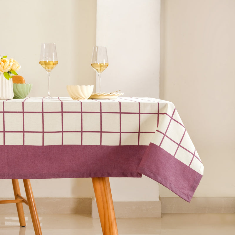 Mauve Grid 6 Seater Pure Cotton Tablecloth 203x152cm