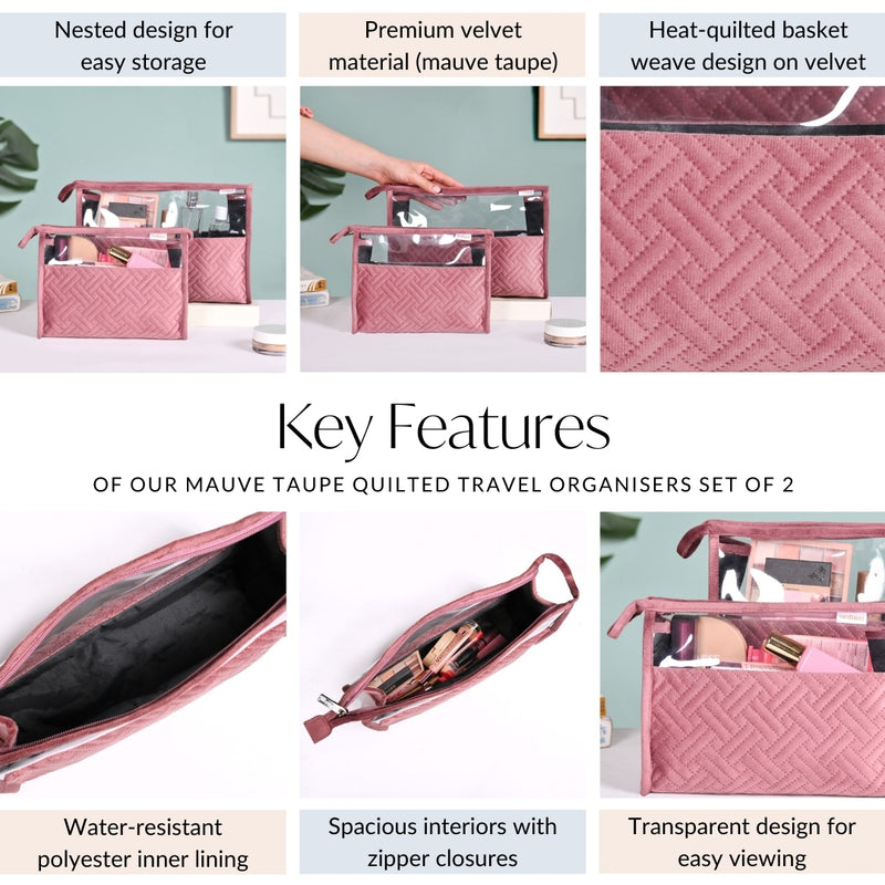 Mauve Taupe Quilted Travel Organisers Set Of 2