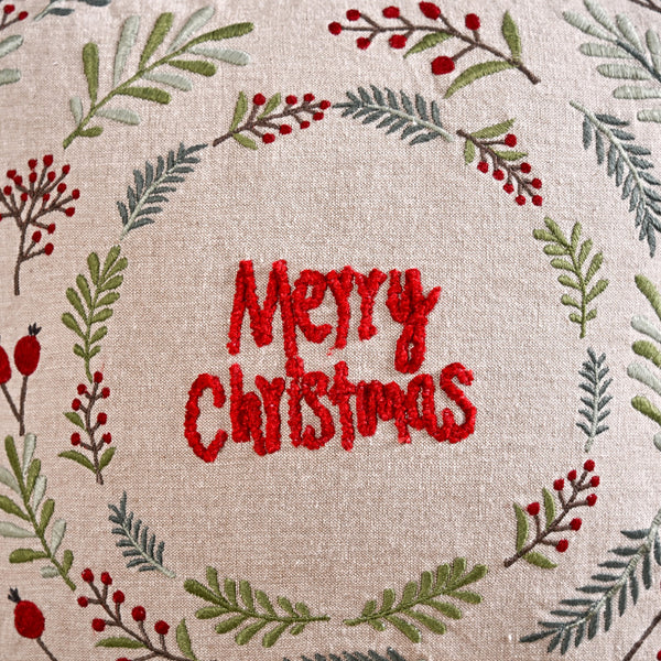 Merry Christmas Wreath Embroidered Cushion Cover 40x40cm