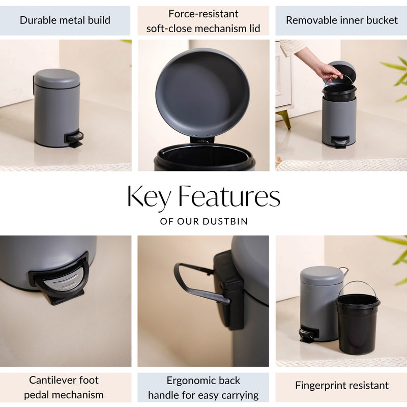 Metal Dustbin With Removable Bucket Grey 3000ml