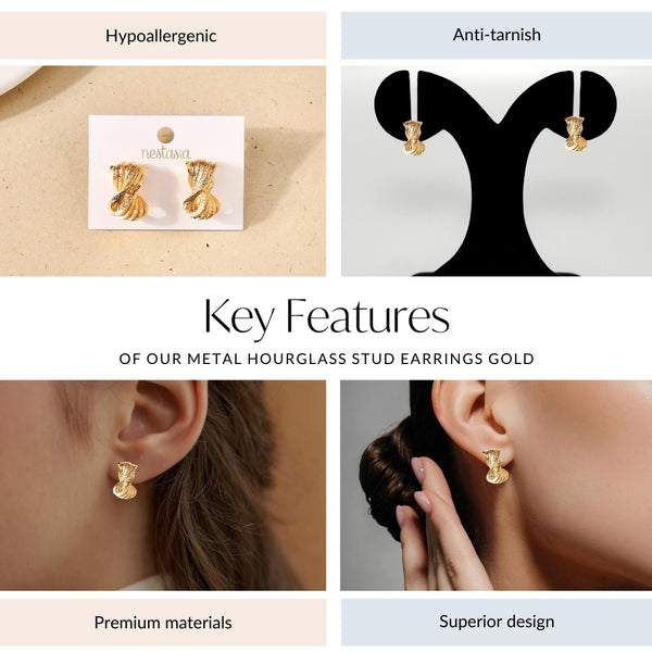 Metal Hourglass Stud Earrings Gold