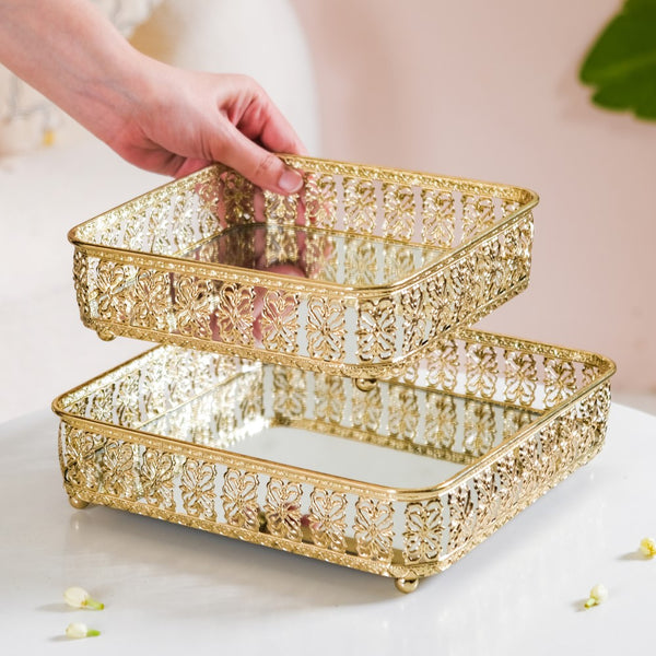 Square Gifting Tray With Mirror Gold Small