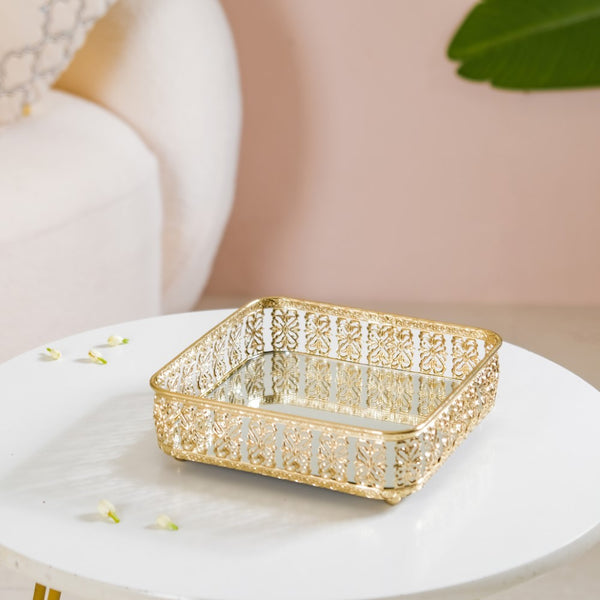 Square Gifting Tray With Mirror Gold Small