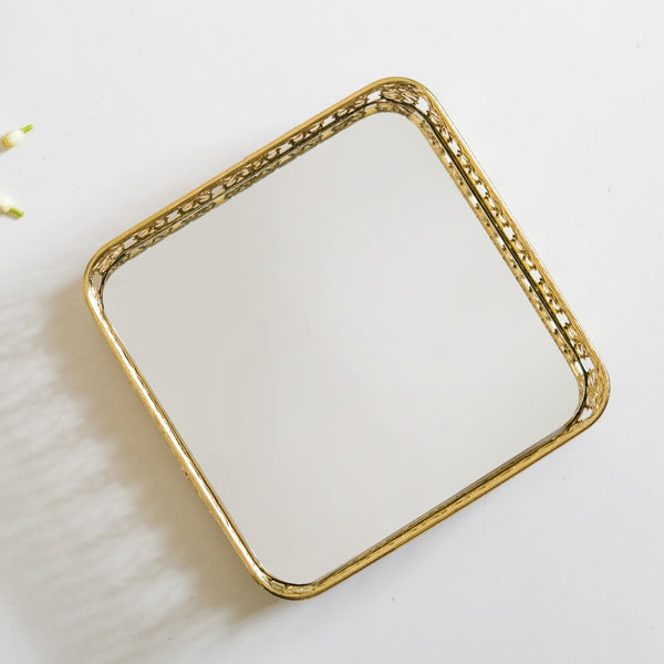 Square Gifting Tray With Mirror Gold Small