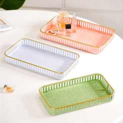 Herringbone Mosaic Pattern Rectangular Metal Tray Set Of 3