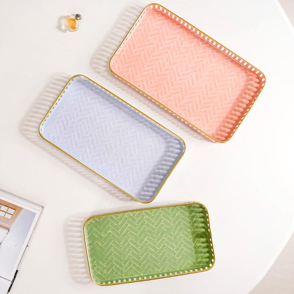 Pastel Herringbone Pattern Metal Tray Set Of 3