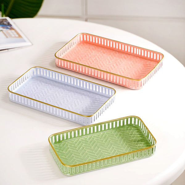 Pastel Herringbone Pattern Metal Tray Set Of 3